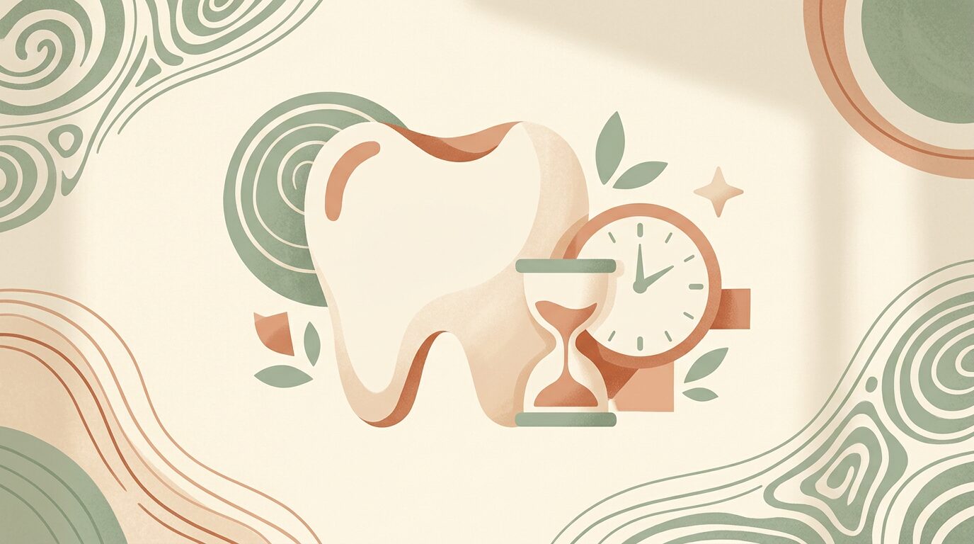 Osoba trzymająca się za policzek z bólu zęba, obok kalendarz wizyty u dentysty i symbol pilności, ilustracja oceny pilności bólu zęba