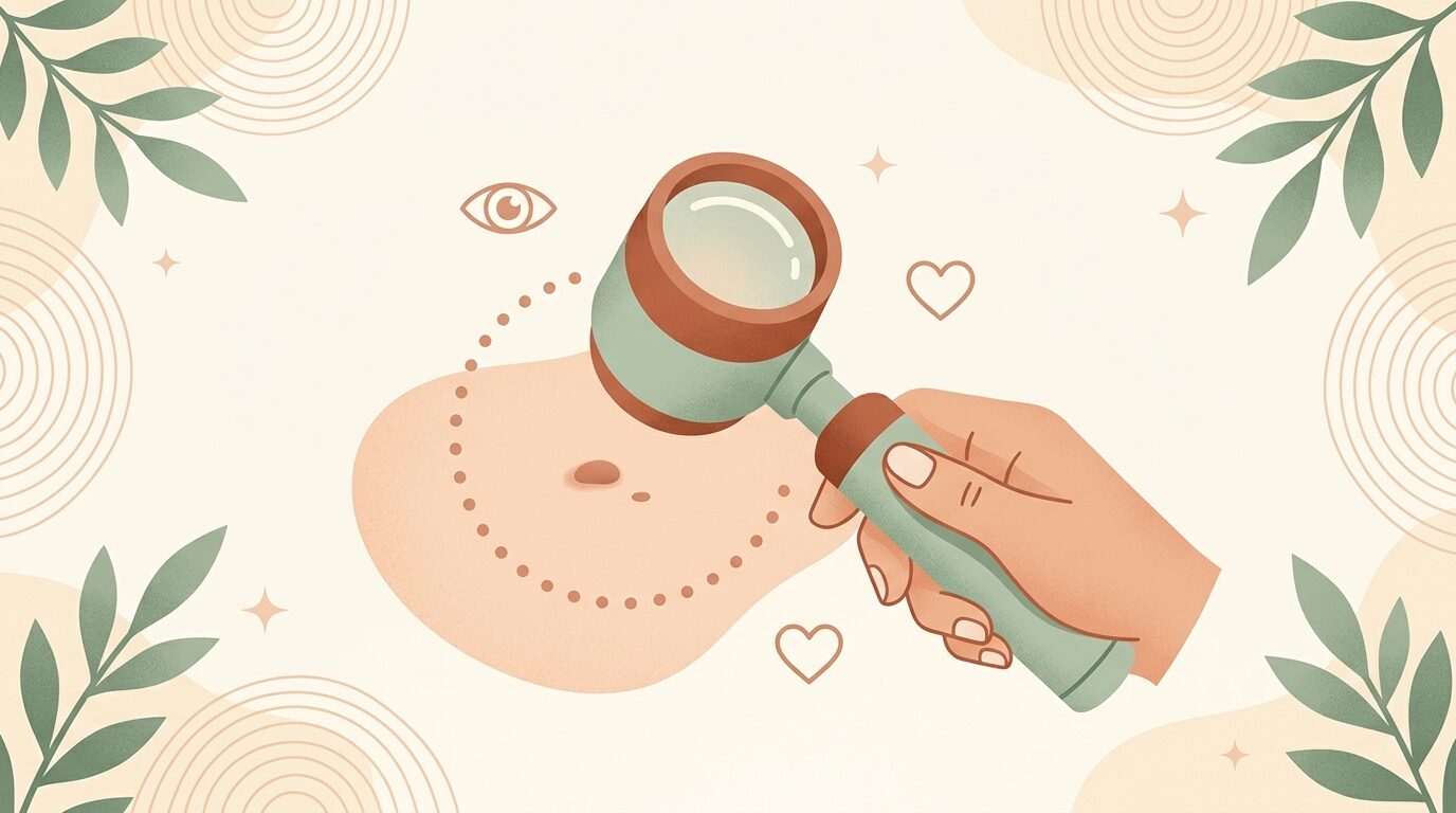 Dermatolog przykłada dermatoskop do znamienia na skórze pacjenta, ocena zmiany barwnikowej w powiększeniu, przebieg badania dermatoskopowego