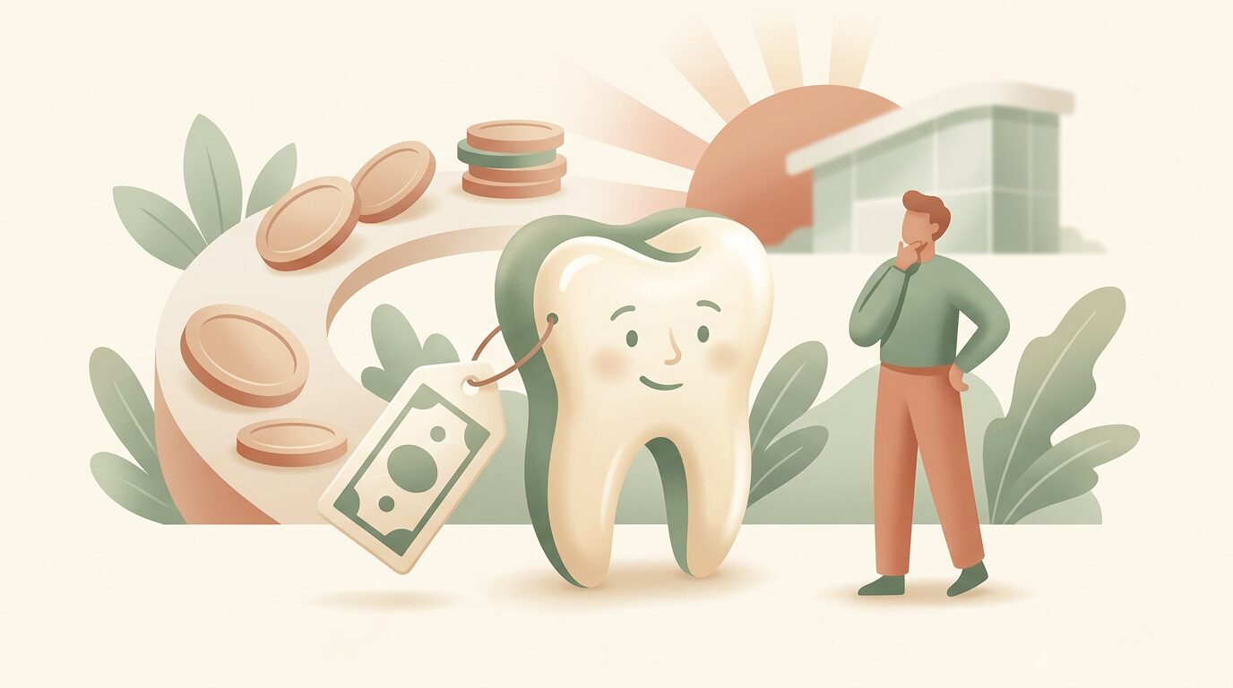 Fotel stomatologiczny i karta z cennikiem usług dentystycznych, scena kosztu wizyty u dentysty