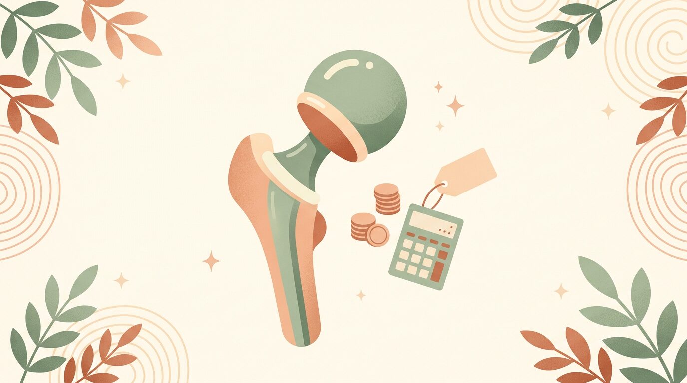 Model endoprotezy stawu biodrowego: panewka, trzpień i głowa, ilustracja składowych kosztu operacji
