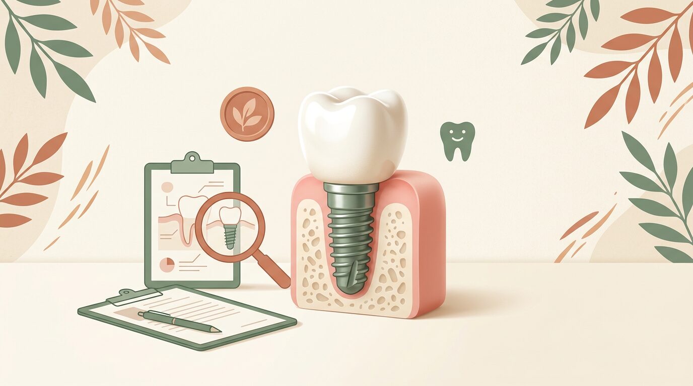 Model implantu zęba: tytanowy wszczep w kości, łącznik i korona, ilustracja kosztu odbudowy