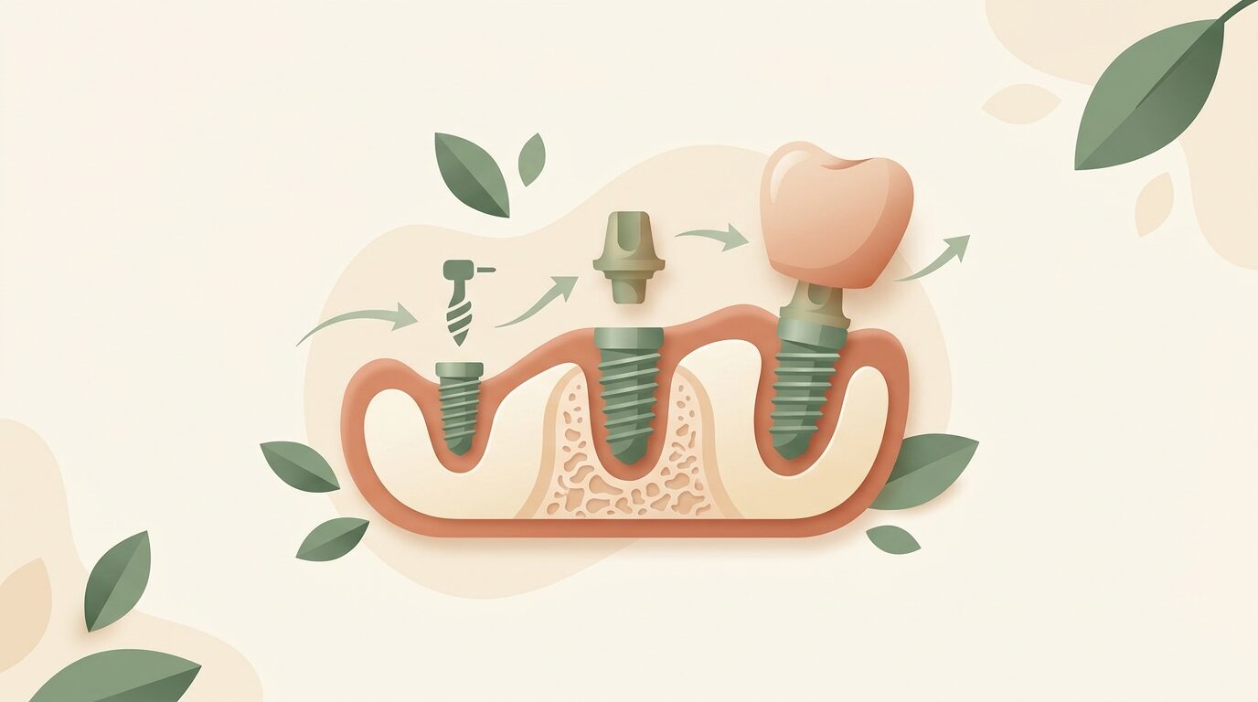 Etapy wszczepienia implantu zęba: tytanowy wszczep w kości, osteointegracja, łącznik i korona, ilustracja przebiegu zabiegu