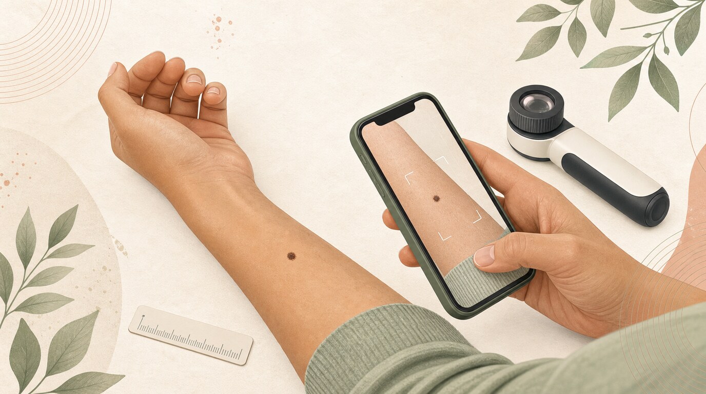 Osoba oglądająca znamię na przedramieniu przed konsultacją dermatologiczną