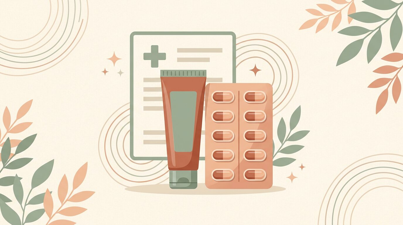 Farmaceutka pokazuje pacjentce opakowania preparatów na trądzik na półce aptecznej
