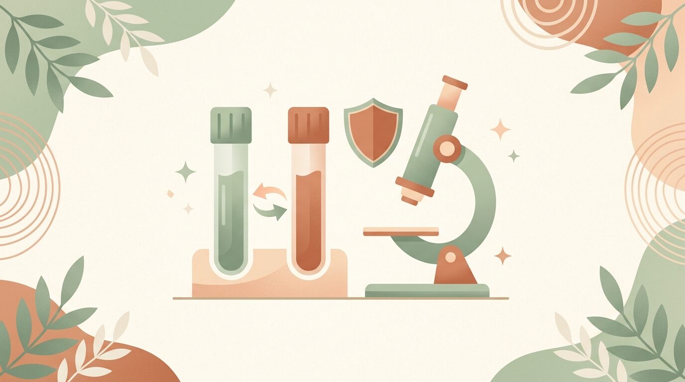 Dwie probówki laboratoryjne obok mikroskopu, między nimi strzałka porównania i ikona tarczy ochronnej symbolizująca profilaktykę raka szyjki macicy